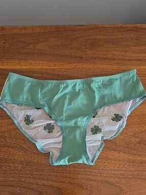 New Victoria's Secret Mint Green Hiphugger W Mesh Embroidered Shamrock Clovers